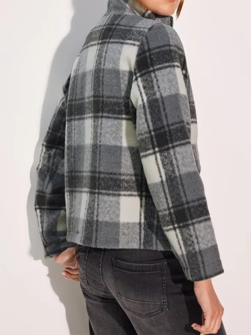 Womens Grey Plaid Fleece Jacket